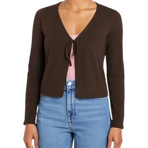 Sundance Cardigan Cotton Sweater Front Tie Long Sleeve V Neck Roll Hem Brown S